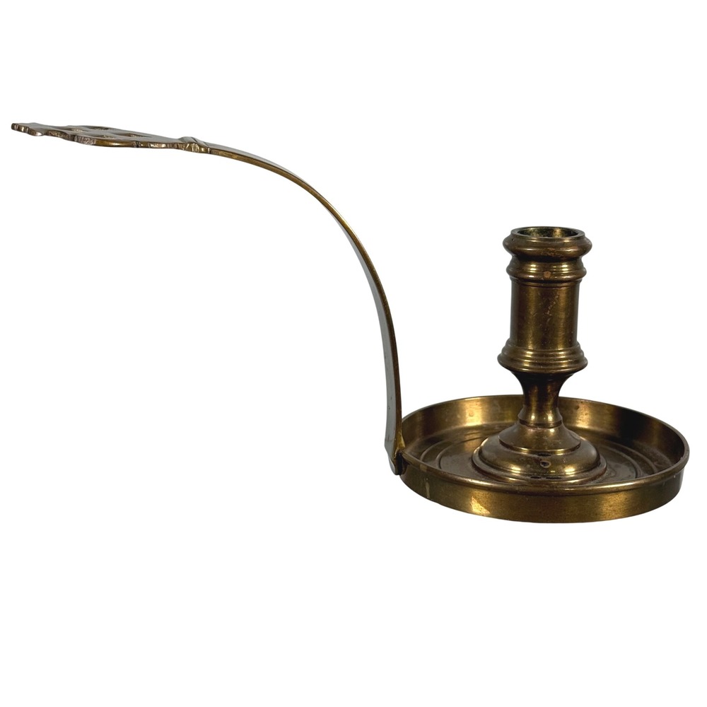 Vintage Brass Chamberstick Candle Holder Pierced Handle Gold Tone 19th Century